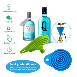Paquete de 2 embudos plegables de silicona, embudo de cocina plegable flexible para botella de agua, transferencia de líquidos, embudos de boca estrecha y ancha, tolva (verde y azul)
