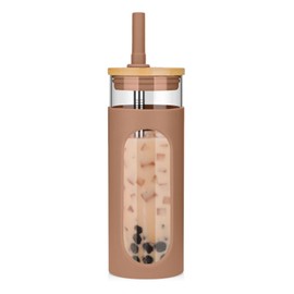 Tronco 22oz Glass Tumbler with Bamboo Lid and Straw, Glass Cup For Boba,Iced Coffee,Smoothie, Spill Proof Glass Water Bottle With Silicone Protective Sleeve, Dishwasher Safe,BPA Free