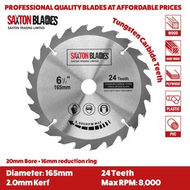 Saxton TCT Circular Wood Saw Blade 165mm x 20mm (16mm Ring) x 24 Teeth Compatible with Bosch Makita etc