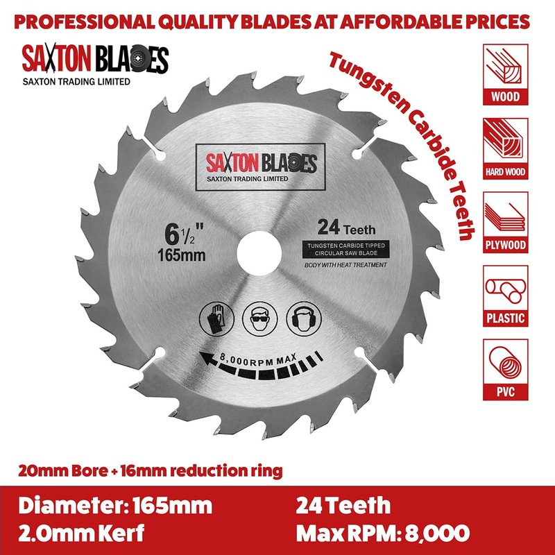 Saxton TCT Circular Wood Saw Blade 165mm x 20mm (16mm