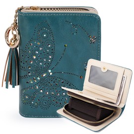 KITEVIUN Wallet Women RFID Blocking Small Wallets with Cash Clutch Compact Bifold with Zipper Coin Pocket Ladies Credit Card Holder Glittery Butterfly Travel Purse with Tassel PEACOCK-BLUE