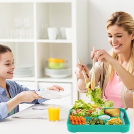 Children's Lunch Box with 7 Compartments, 1350 ml Leak-Proof Lunch Box Bento Box Children with Cutlery, Breakfast Box, Snack Box for Students and Adults at School, Nursery and Travel (Green)