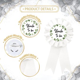 Eucalyptus Uncle To Be Tinplate Badge Pin, Leaves Uncle To Be Pin, Greenery Gender Reveal Brooch Button for Men, White Rosette Best Uncle Ever Award Ribbon, Neutral Baby Shower Party Decoration