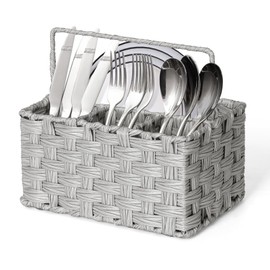 WEAVELYRICS Wicker Flatware Organizer, Plastic Wicker Cutlery Holder, Outdoor Silverware Caddy, Woven Divided Utensil Caddy with Handle, Utensil Holder for Table, Kitchen, Party (Gray)