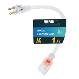 FNXPOW Indoor Extension Cord, 12 Gauge 3 Prong Weatherproof Heavy Duty White Extension Cord with Lighted Indicator End, SJTW 15A 1 FT Extension Cable for Garage, Garden and Home