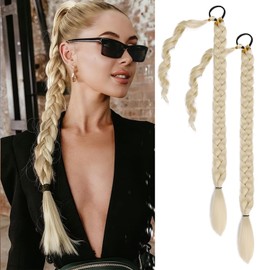 2 Packs Blond Long Braided Ponytail Extensions with Hair Ties Natural Soft Synthetic Hair Piece for Black Women Straight Wrap Around Hair Extensions Ponytail