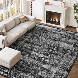 ARKIIKI 8x10 Washable Area Rugs for Living Room, Neutral Boho Rugs for Bedroom, Vintage Large Soft Faux Wool Carpet for Nursery, Playroom, Office, Dinning Room, Non Slip, Low Pile, Black, Dark Grey