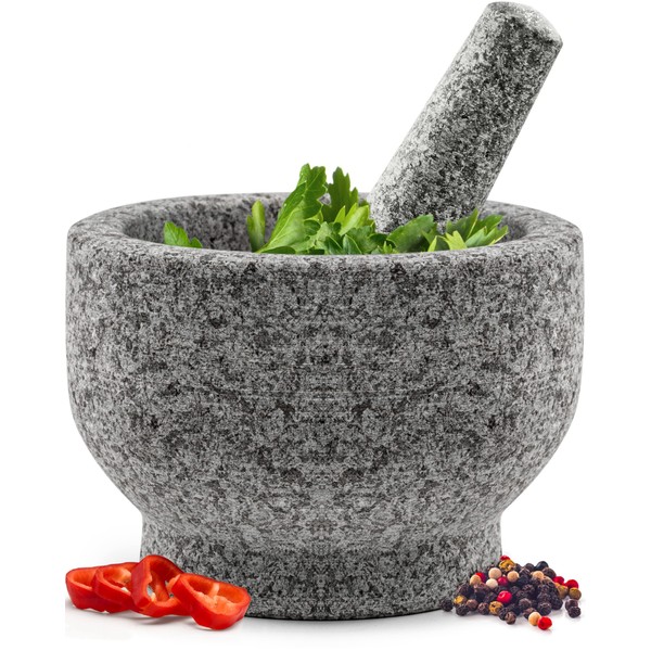 Heavy Duty Natural Granite Mortar and Pestle Set, Expertly Carved, Make Fresh Guacamole at Home, Solid Stone Grinder Bowl, Herb Crusher, Spice Grinder, Unpolished Grey, 1.5 Cup, Grey