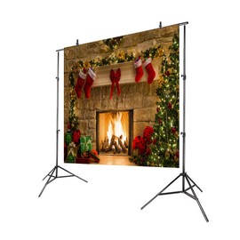 Aisnyho Christmas Backdrop Xmas Fireplace Backdrops Red Sock Gifts for Photo Shooting Decoration Picture Banner Booth Props 7x5ft