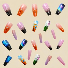 Coffin Press on Nails Medium Length Fake Nails Acrylic Colorful Gradient Glue on Nails Plant Flowers Designs Full Cover Stick on Nails Cute Glossy Artificial False Nails for Women Girls 24Pcs