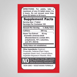 Piping Rock Caffeine Plus Green Tea 200 mg, 100 Tablets