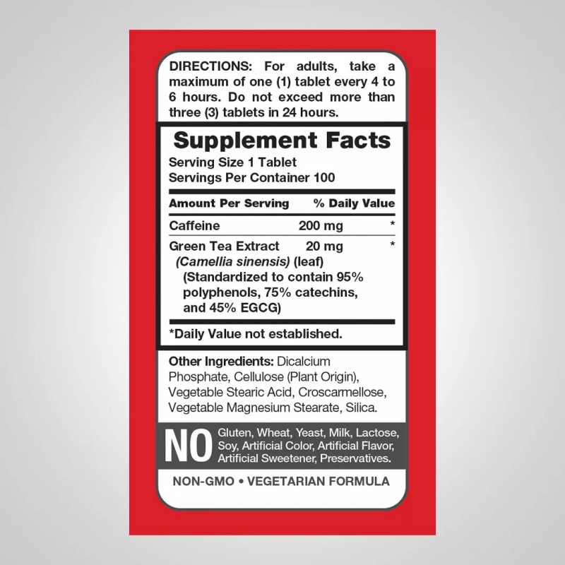 Piping Rock Caffeine Plus Green Tea 200 mg, 100 Tablets