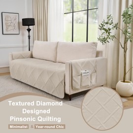 Pamhaven Backless Couch Cover for Dogs with Pockets, Anti-Slip Diamond Quilted Couch Covers for 3 Cushion Sofa, Washable Couch Seat Covers, Water-Repellent Sofa Cover (Large Sofa 68", Beige Cream)