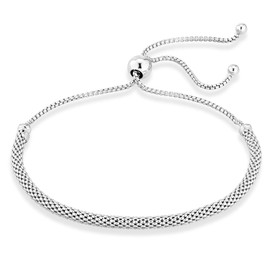 Miabella 925 Sterling Silver or 18Kt Yellow Gold Over Silver Italian Adjustable Bolo 3mm Round Mesh Chain Bracelet for Women Made in Italy (sterling silver)