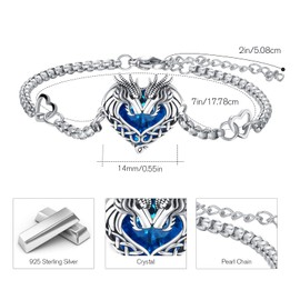 MEDWISE Celtic Dragon Bracelet S925 Sterling Silver Crystal Bracelet Adjustable 7 + 2 Inch Heart Bracelet Dragon Jewellery for Women Girls Mum Gifts, Sterling Silver, Crystal