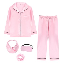 ALHAVONE Kids Girl Pajama Set with Headband Blindfold Hair Tie Toddler Boy Girl Satin Silky Button-up Pajama Sleepwear (Pink-Long, 140)
