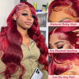 pidrez 30 Inch Burgundy Lace Front Wigs Human Hair 13x6 99j Body Wave Lace Front Wigs Human Hair Pre Plucked Red Wig 99j Burgundy Lace Front Wigs Human Hair Wigs for Women 180 Density Burgundy Wig