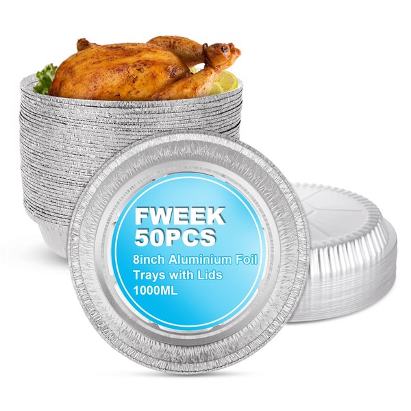 50 Pack Round Foil Trays with Lids, 8 Inch Aluminium