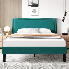 VECELO Queen Size Bed Frame with Adjustable Upholstered Headboard, Wooden Slats Platform, Noise-Free Design, No Box Spring Needed, Easy Assembly