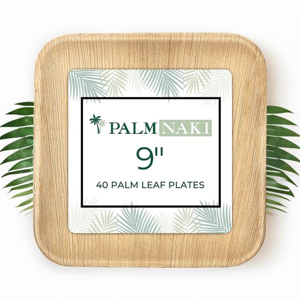 PALM NAKI Square Palm Leaf Plates (40 Count) - Disposable Dinnerware, Eco-Friendly, Bamboo-like Compostable and Biodegradable Plates (9" Plates)