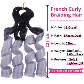 Unionbeauty French Curl Braiding Hair 22 Inch for Goddess Box Braids Crochet Hair with Curly Ends 8 Packs Loose Wave Crochet Braids Ombre Grey Synthetic Hair Extension for Black Woman 1B/Grey#