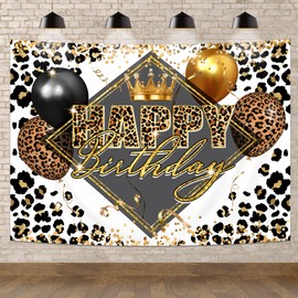 Newsely Leopard Happy Birthday Backdrop 7Wx5H Photography Woman Girl Cheetah Print Queen Golden Glitter Balloons Luxury Elegant Vintage Background Party Decorations Banner Photo Booth Props Supplies