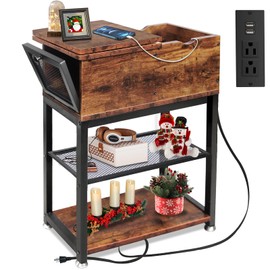Flip Top End Table for Living Room, 28 inch Tall Side Table, 12" D x 24" W x 28" H, Narrow End Table with Charging Station, 3 Tier End Table with Side Opening Drawer, Rustic Brown
