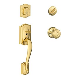 SCHLAGE Camelot Single Cylinder Handleset and Georgian Knob, Bright Brass (F60 CAM 605 GEO)