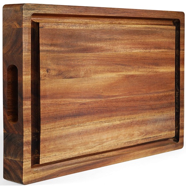 FANICHI Extra Large & Thick Acacia Wood Cutting Board: 16 x 12 x 1.5 Inch Reversible Multipurpose with Juice Groove, Cracker Holder & Inner Handles.