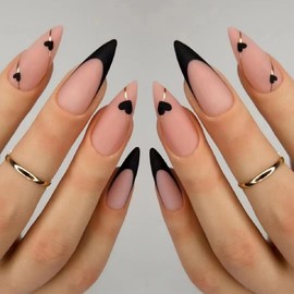 ANDGING Black French Tip Press on Nails Almond Short Medium fake nails for Women Fake Nails with Gold Line Heart Designs Acrylic stick on nail Gel Artificial Manicure False Nails for Wedding