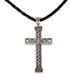 NOVICA Artisan Handmade Leather Cross Necklace Sterling Silver No Stone Pendant Cord Indonesia [16.25 in min L x 16.75 in max L 3 mm W Pendant(s) 2.4 in L x 1.2 in W] ' Cross of Devotion'
