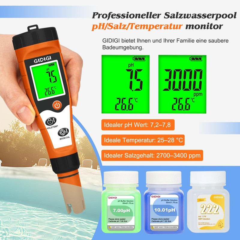 Chlorine and pH Meter Pools, Salt Meter for Swimming Pools,