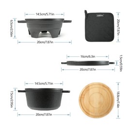 HAWOK 6 Piece Stove Set, Potable Cast Iron Charcoal Grill Stove with 1QT Dutch Oven, with Multipurpose Lid, Five-Leg Buffet Tray, Multipurpose Mini BBQ Stove Set