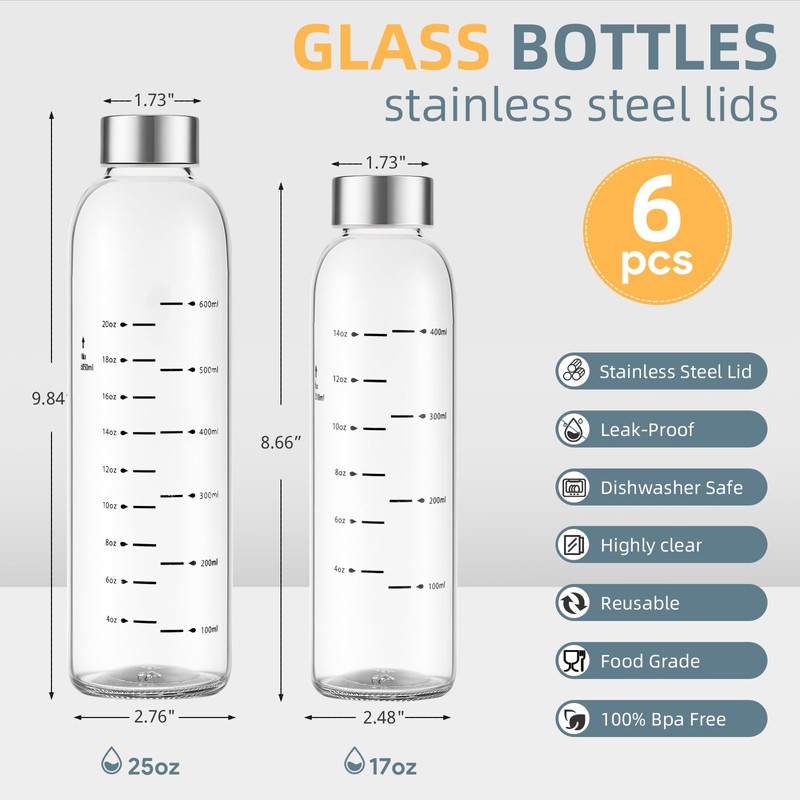 Olivego Glass Water Bottles with Lids 25 oz, Clear Glass