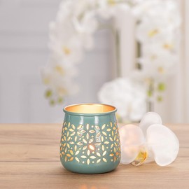 Ideen mit Herz Tea Lights Made of Iron with Flower Ornamentation, Tea Light Holder, 9.5 cm High, Diameter 8.6 cm, Gold Inside, Lighting Patio, Balcony, Garden, Set of 4 (Petrol)