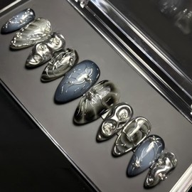 30Pcs Black Press on Nails Medium Almond, 3D Silver Metal Design False Nails, Handmade French Tip Fake Nails in 12 Sizes, Natural & Removable Artificial Stick on Nail for Women and Girls DIY Nail Art