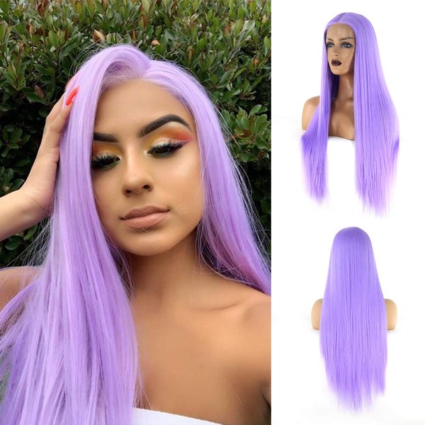 Towarm Purple Wig Long Straight Synthetic Lace Front Wigs for Women Lavender Middle Part Glueless High Temperature Fiber Hand Tied Wig (24 inch, Purple)