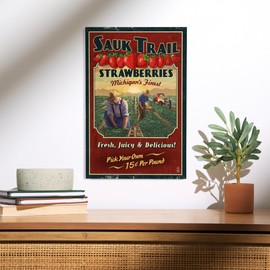 Lantern Press 12x18 Inch Premium Wood Sign, Ready to Hang Wall Decor, Sauk Trail, Michigan, Strawberry Farm, Vintage Sign