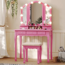 Tiptiper Vanity Desk with Tri-Fold Mirror and Lights, Makeup Vanity with Wood Upholstered Stool, Makeup Desk with 5 Drawers & 8 Jewelry Hooks, Small Vanity, Pink