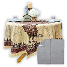 Sweet Us Organic Peacock Paradise Paisley Floral Cotton Tablecloth and One Gray Napkin, Floral Kitchen Dining Table Cloth, Table Cover for Indoor and Outdoors, Sunset Sands, 72-in Round