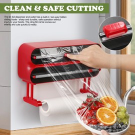 Quasziwa Aluminum Foil & Plastic Wrap Dispenser with Cutter - Magnetic & No-Drill Wall Mount, Cling Film Dispenser with Paper Towel Holder, Space-Saving 3-in-1 Kitchen Organizer - Fits 12" Roll, Red