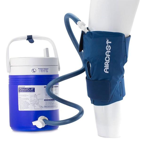 Aircast Cryo/Cuff System, Combines Focused Compression with Cold Therapy to Provide Optimal Control of Swelling to Minimize Hemarthrosis, Edema and Pain, Complete System with Medium Knee Cuff, Blue