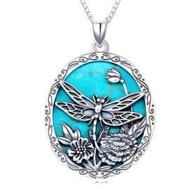 DOLIOX Genuine Turquoise Dragonfly Pendant Necklace for Women, Sterling Silver Boho Native American Western Pendant Jewelry Birthdays Gift