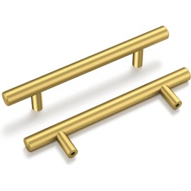 goldenwarm 10Pack Gold Handles 128mm Cupboard Handles Brushed Brass Cabient Handles Modern Gold Wardrobe Handles Gold Kitchen Handles T Bar Handles