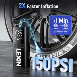 LEXIN P4 Elektrische Luftpumpe, Akku Kompressor 4000mAh, Tragbare Luftpumpe Fahrrad 150 PSI (10,3 Bar), Luftkompressor für Fahrrad Auto Motorrad Bälle, Mini Reifenpumpe mit LED-Anzeige, Notbeleuchtung