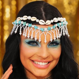 CAKURE Pearl Headband Silver Bride Wedding Starfish Headpiece Boho Seashell Headwear Tassel Pearls Bridal Headbands Beach Wedding Hair Accessories for Women