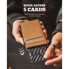 DUGRAFT Slim Card Holder for Men with Aluminum POP UP Credit Card Ejector RFID Blocking, ID Window and 4 Card Slots, Minimalist Front Pocket Wallet for Max. 10 Cards, Light Brown