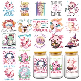 Cute Axolotl UV DTF Stickers - 20 Sheets Pink Axolotl UV DTF Cup Wraps for 16 20 oz Tumbler, Funny Animal Sublimation Transfer Sticker DIY Water Bottle Craft Decals Decoration Gift for Women