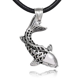 DonDon Men's Leather Necklace 50 cm with Pendant Lucky Fish Koi Stainless Steel in Velvet Pouch