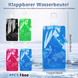 4 x Foldable Sports Water Bottle, 500 ml, Reusable Water Bottle with Carabiner Hook, Ultralight Leak-proof Water Bottle, BPA-Free Water Bottle for Travel, Hiking, Camping, Climbing, Outdoor